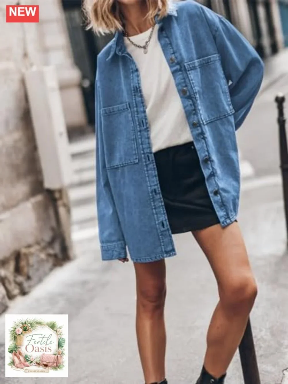 Oversized Denim Jacket Button Up Long Sleeve Jean Coat